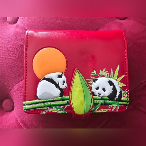 Shag Wear red Women's Wallet Playful Panda on bamboo scene Vegan Leather wallet - Picture 1 of 7